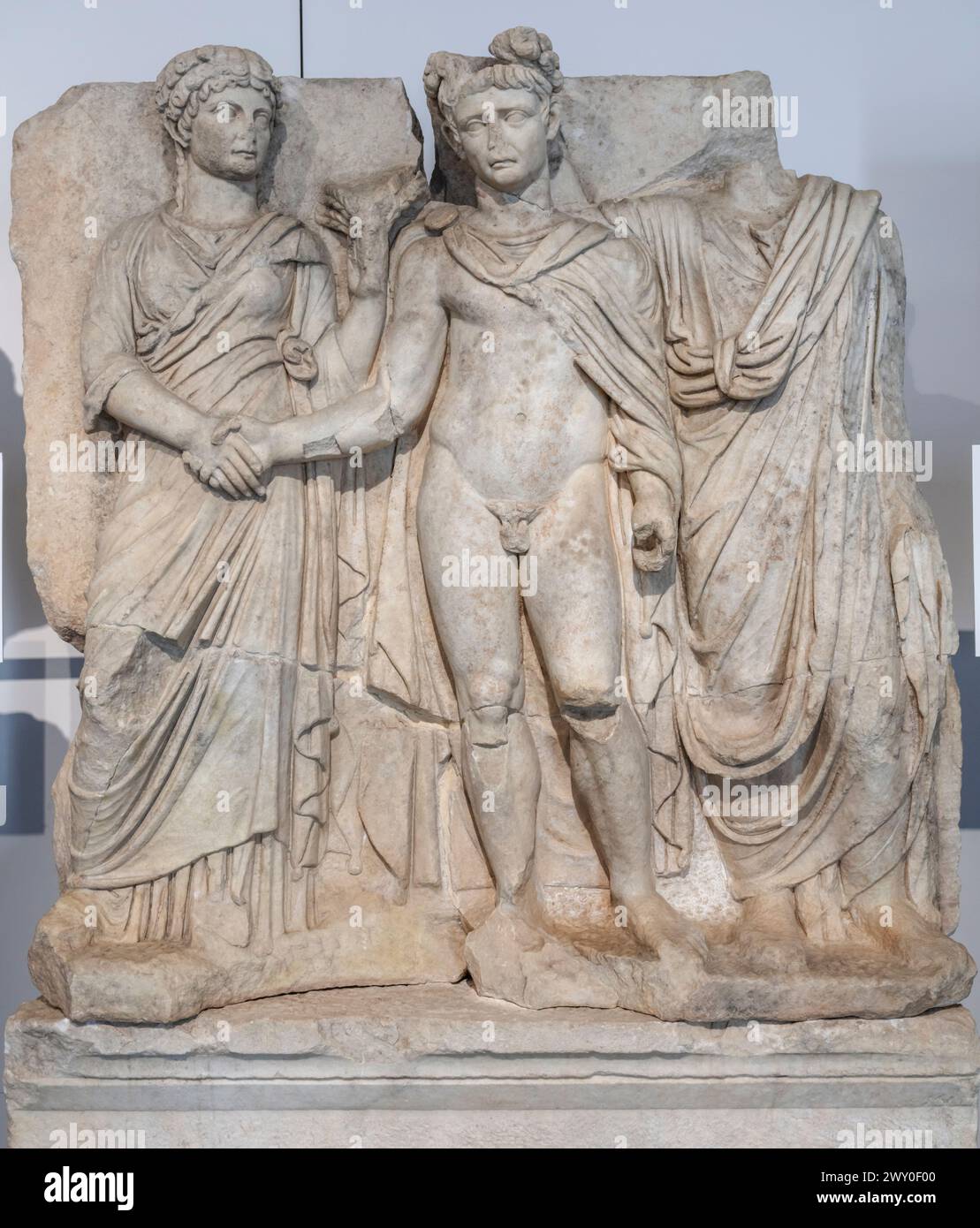 Imperatore Claudio e Agrippina, scultura in rilievo romana Sebasteion nel Museo, Afrodisia, Geyre, Provincia di Aydin, Turchia Foto Stock
