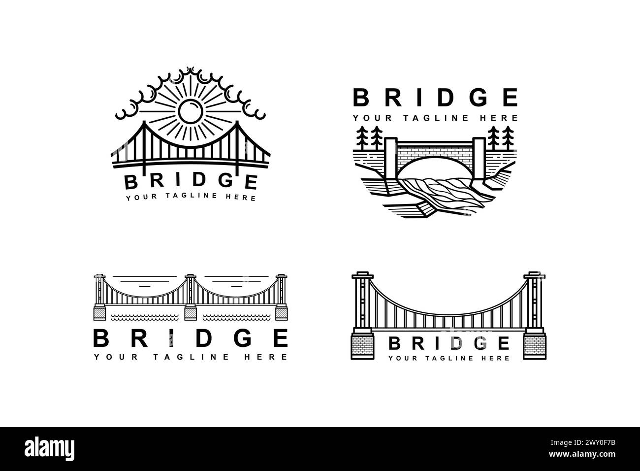 Logo Bridge con sole e ponte. design con logo line art in set Illustrazione Vettoriale