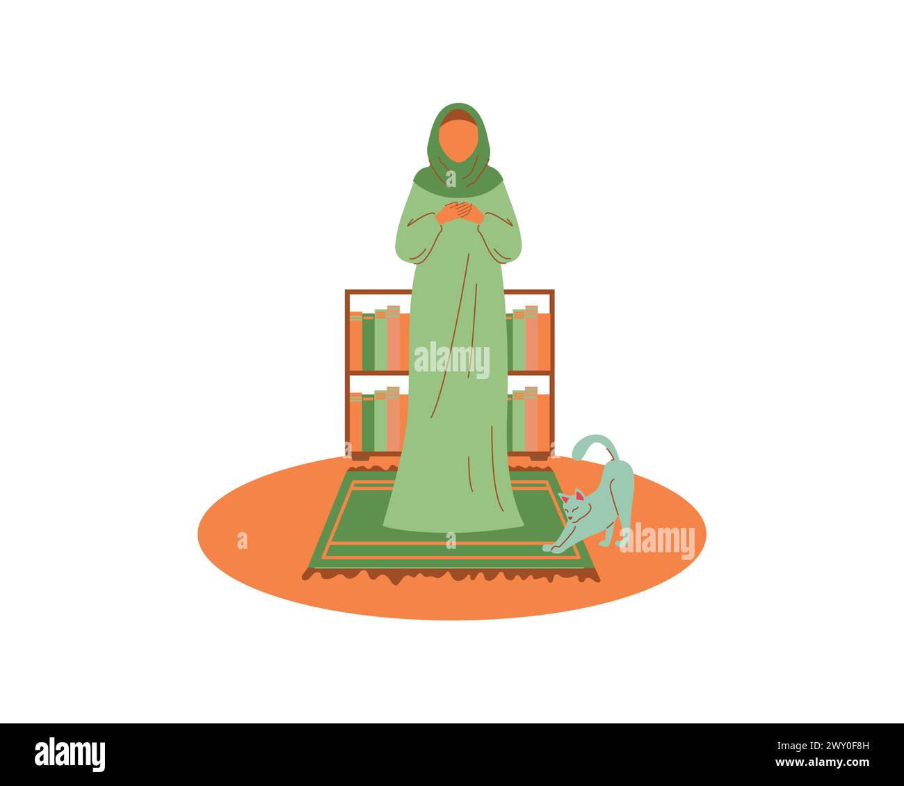 Le donne musulmane pregano di notte accanto a un gatto nel mese del Ramadan. illustrazione del vettore di progettazione del modello Illustrazione Vettoriale