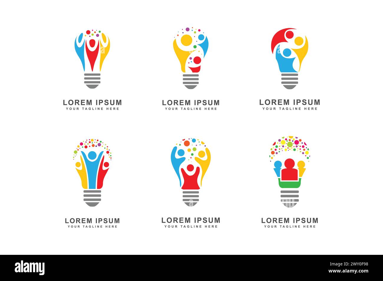 Un set di sei loghi di lampadine con le persone all'interno. Le lampadine sono disponibili in vari colori e forme Illustrazione Vettoriale