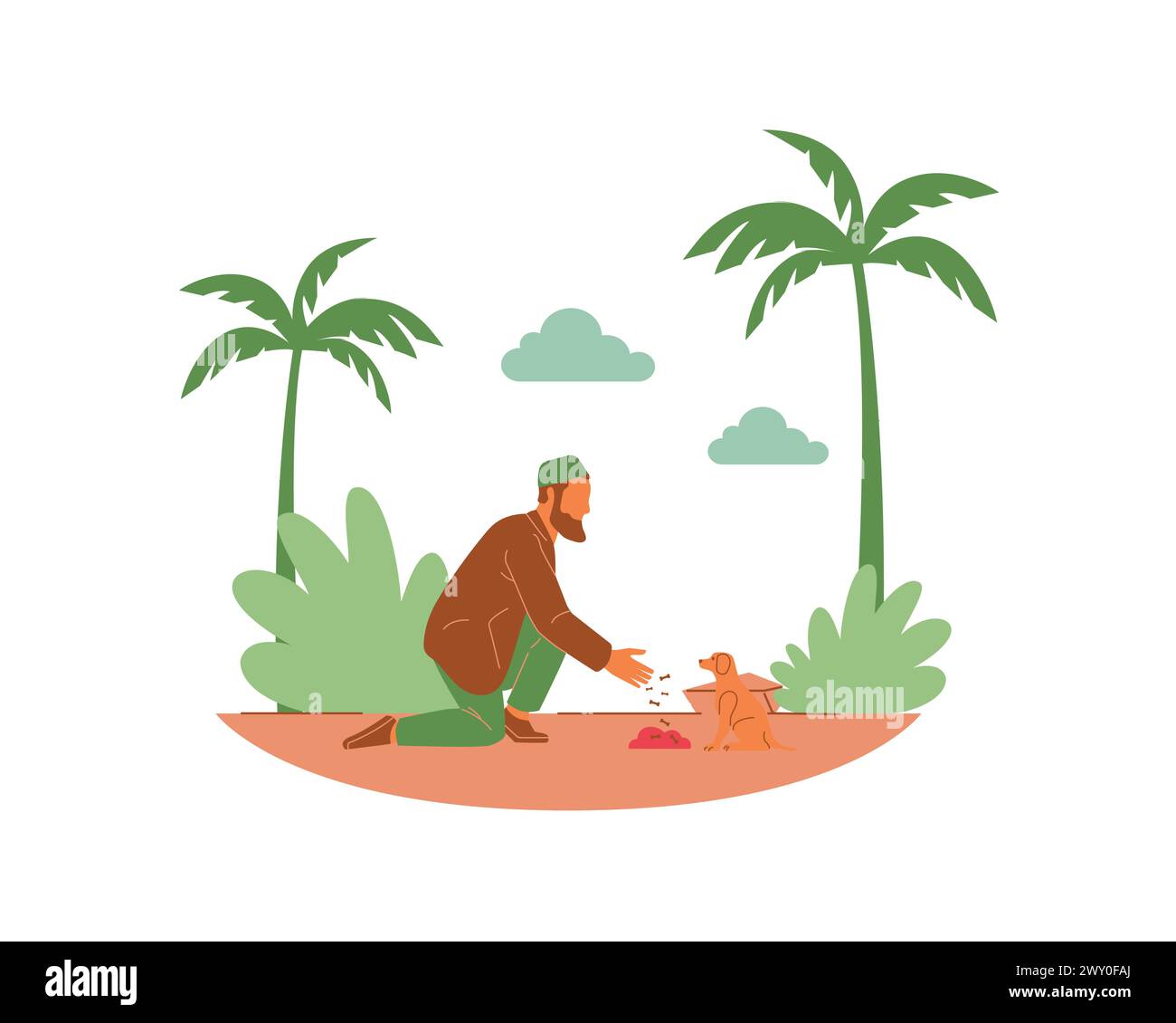 Un giovane arabo dà da mangiare a un gatto nel parco. Progettazione vettoriale dell'adozione di animali e promozione del concetto e dell'illustrazione in stile piatto. Illustrazione Vettoriale