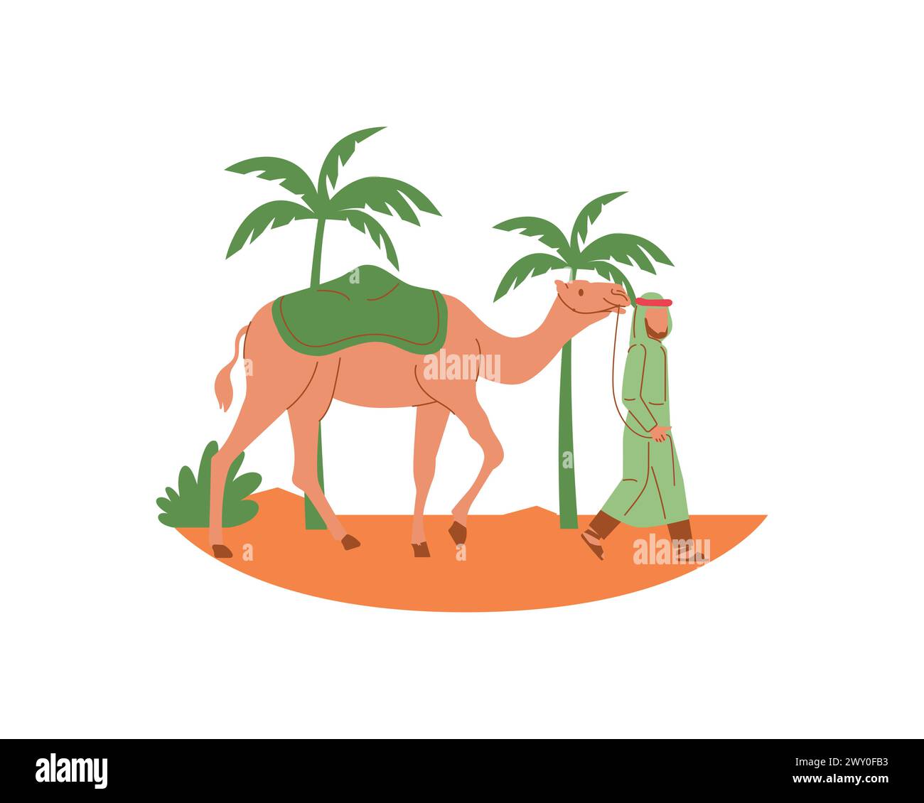 Un pellegrino arabo che cammina nel deserto con un cammello accanto alle palme. Progettazione di illustrazioni vettoriali per il concetto di promozione e adozione degli animali Illustrazione Vettoriale