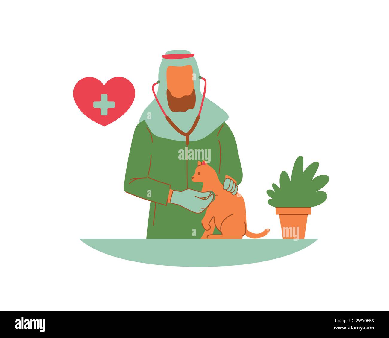 I veterinari musulmani arabi si prendono cura di un gatto e di un'icona rossa a forma di cuore. La cura degli animali promuove e adotta il concetto e il design Illustrazione Vettoriale