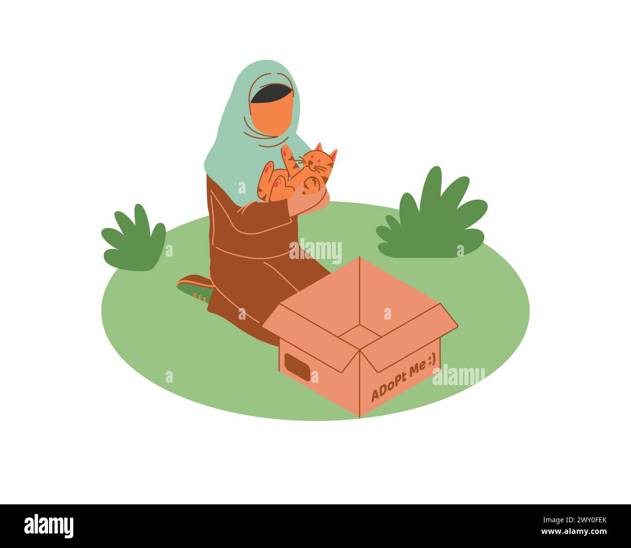 Donna musulmana con un gatto in una scatola. Illustrazione del vettore piatto per la cura degli animali e la promozione dell'adozione. Illustrazione Vettoriale