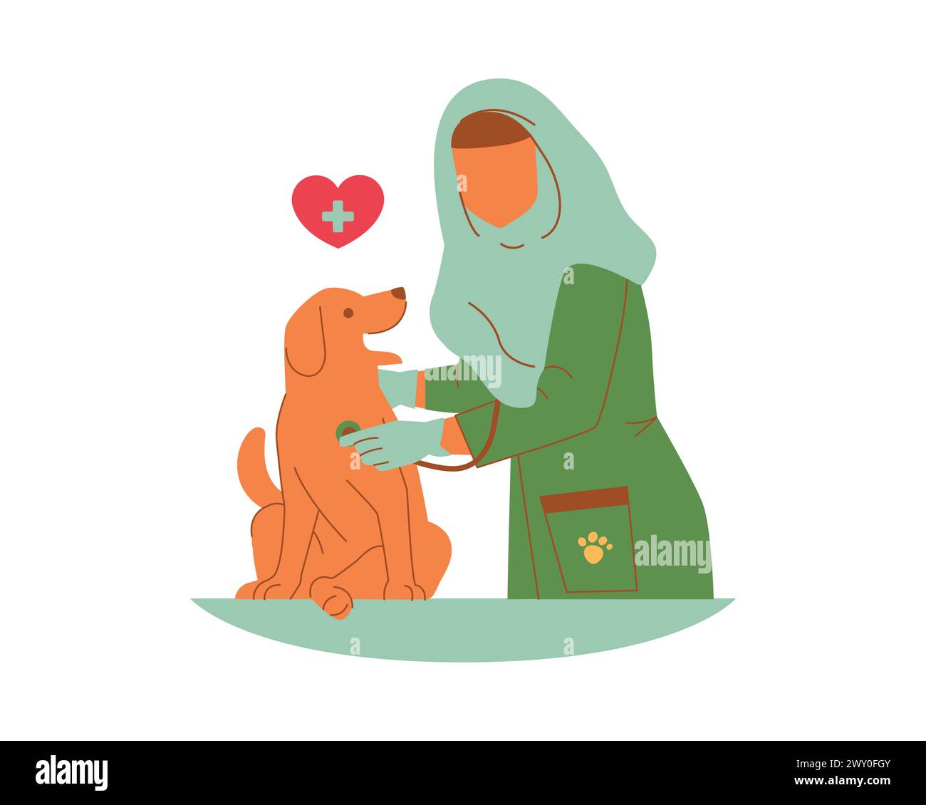 Un'infermiera veterinaria musulmana si prenda cura di un cane. Illustrazione vettoriale in stile cartone animato piatto. Adozione di animali e promozione del concetto di design Illustrazione Vettoriale