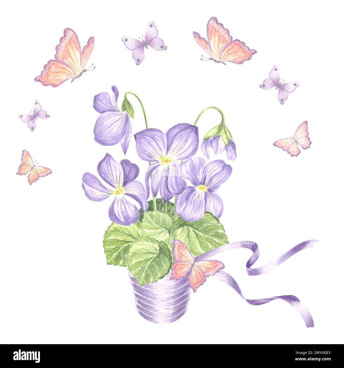 Bouquet di fiori di viola con nastro di seta viola e farfalle di pesca volante. Illustrazione isolata ad acquerello disegnata a mano. Fiori selvatici primaverili Meadow T Foto Stock