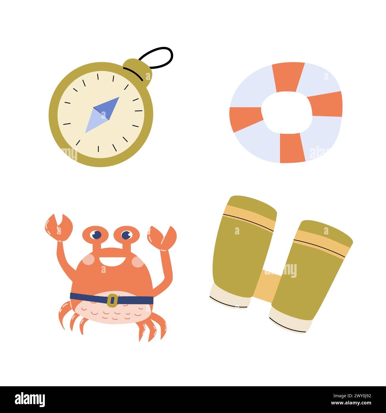 Set di icone da viaggio disegnate a mano granchio, compas, binocoli e salvagente. Illustrazione vettoriale in colori dorati e rossi, graziosi elementi marini infantili Illustrazione Vettoriale