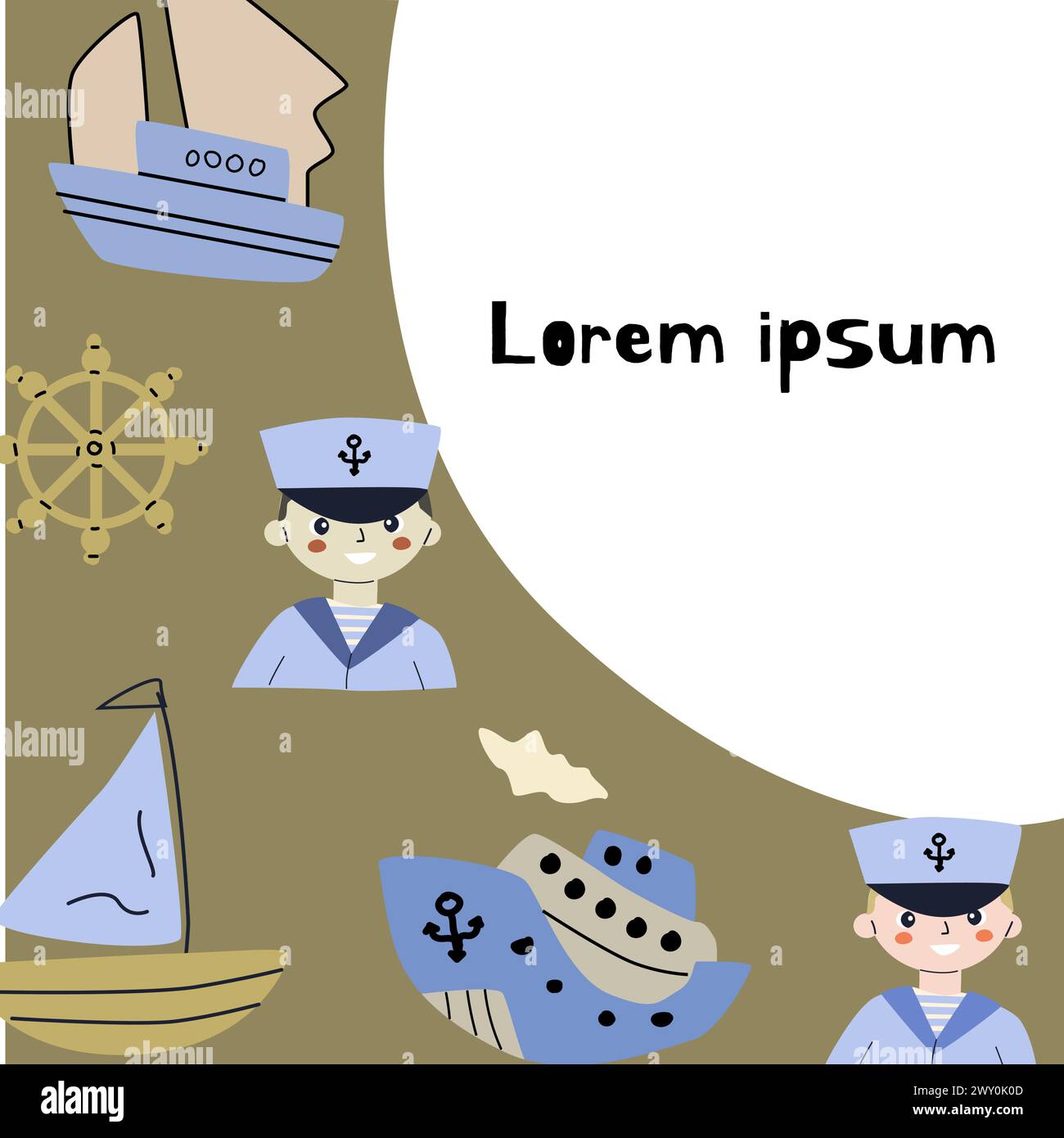 Simpatico sfondo marino con nave e altri elementi nautici. Può essere utilizzato per l'invito alla doccia del bambino e per il biglietto d'auguri. Illustrazione Vettoriale