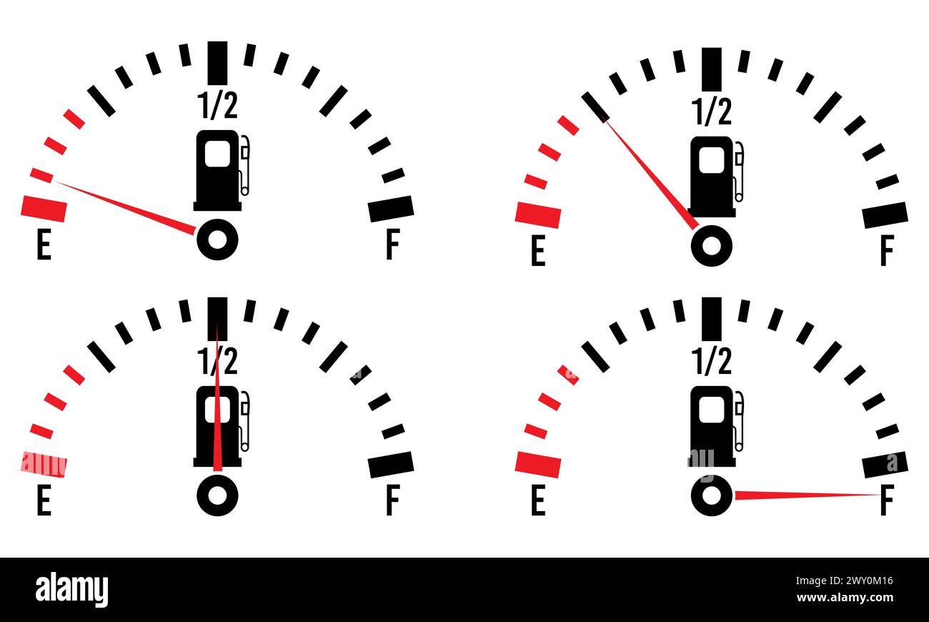 Indicatore di livello carburante sul cruscotto dell'auto che mostra gli aghi vuoti, quarti, metà e pieno Illustrazione Vettoriale