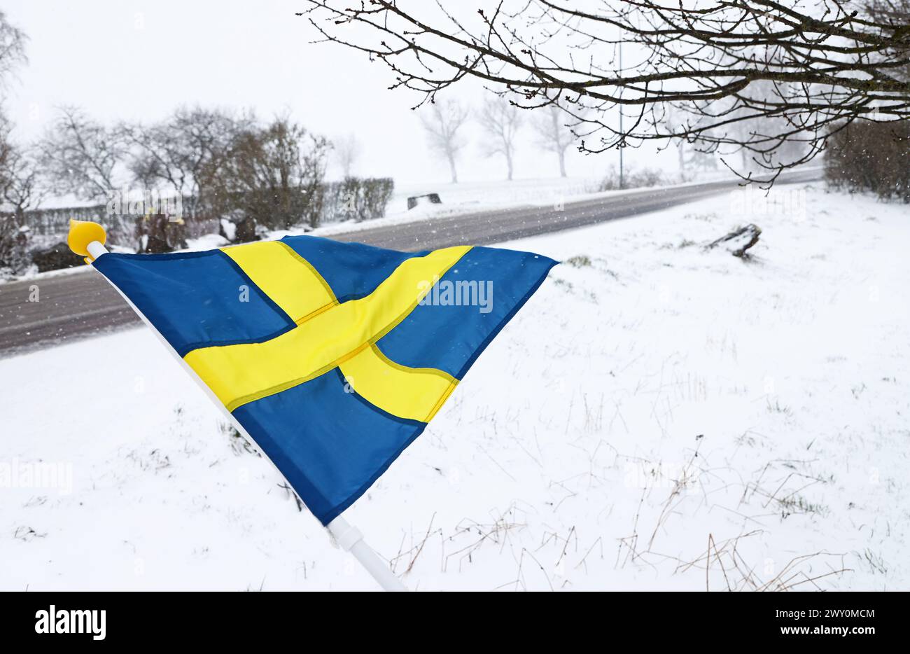 Tempo stagionale, nevicate il martedì appena fuori Väderstad, Svezia. Foto Stock