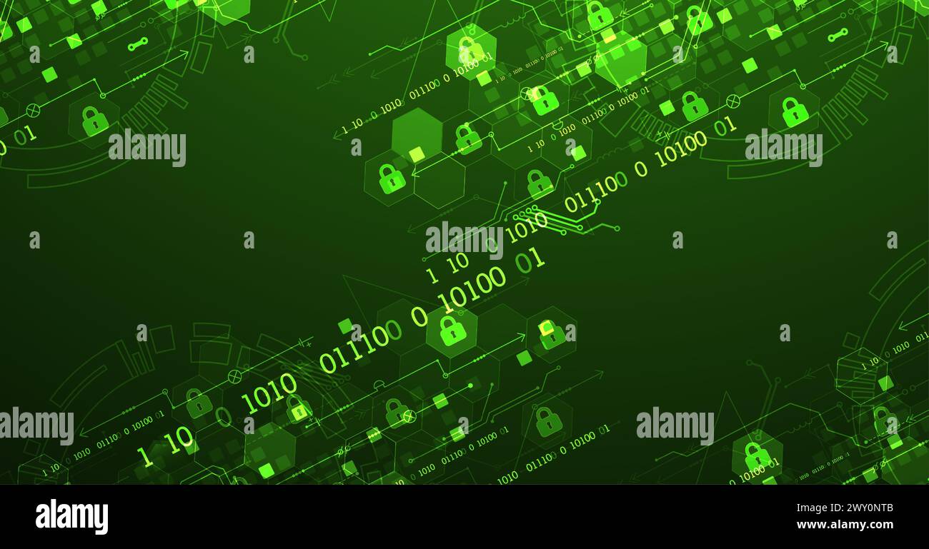 Sfondo digitale sicuro. Riservatezza virtuale, protezione della programmazione. Vettore disegnato a mano. Illustrazione Vettoriale