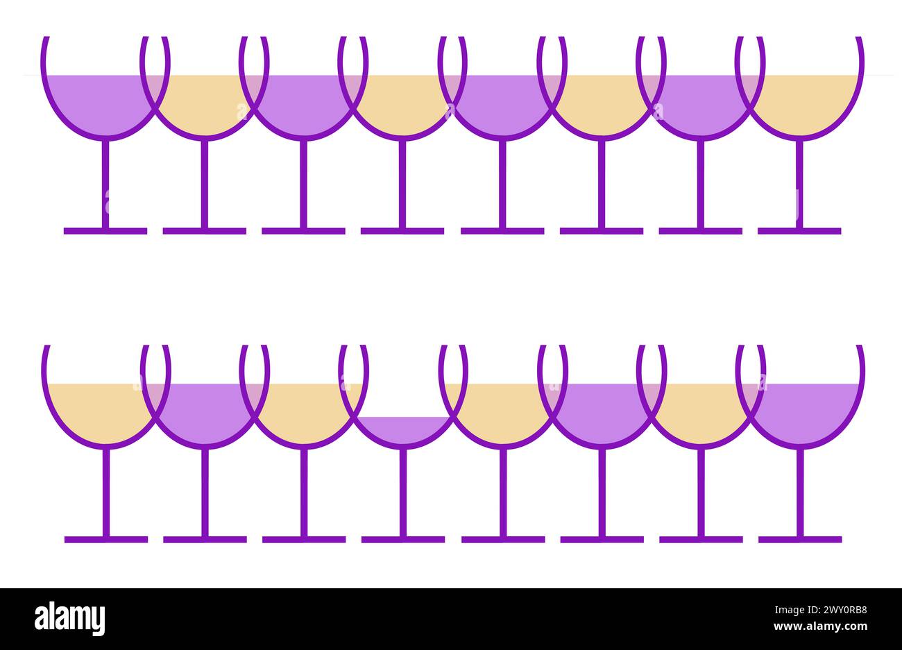 Bicchieri da vino, calici, sono visti con vino rosso e bianco in un logo astratto del vino. Foto Stock