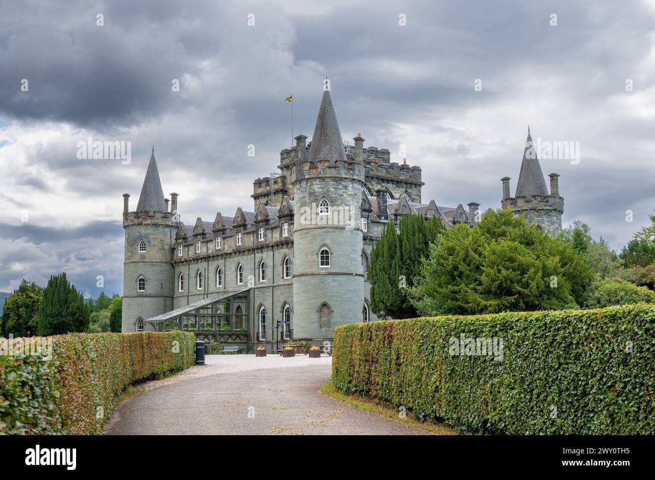 Inveraray Castle, escursioni, giardini e vista panoramica su Argyll e Bute, West Highlands of Scotland, Regno Unito Foto Stock