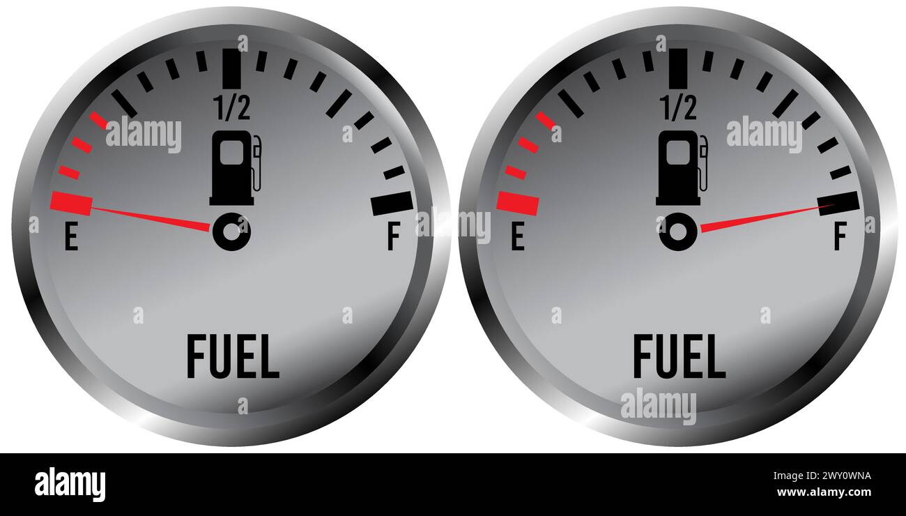 Indicatore di livello del carburante metallico sul cruscotto dell'auto che mostra aghi vuoti e pieni Illustrazione Vettoriale