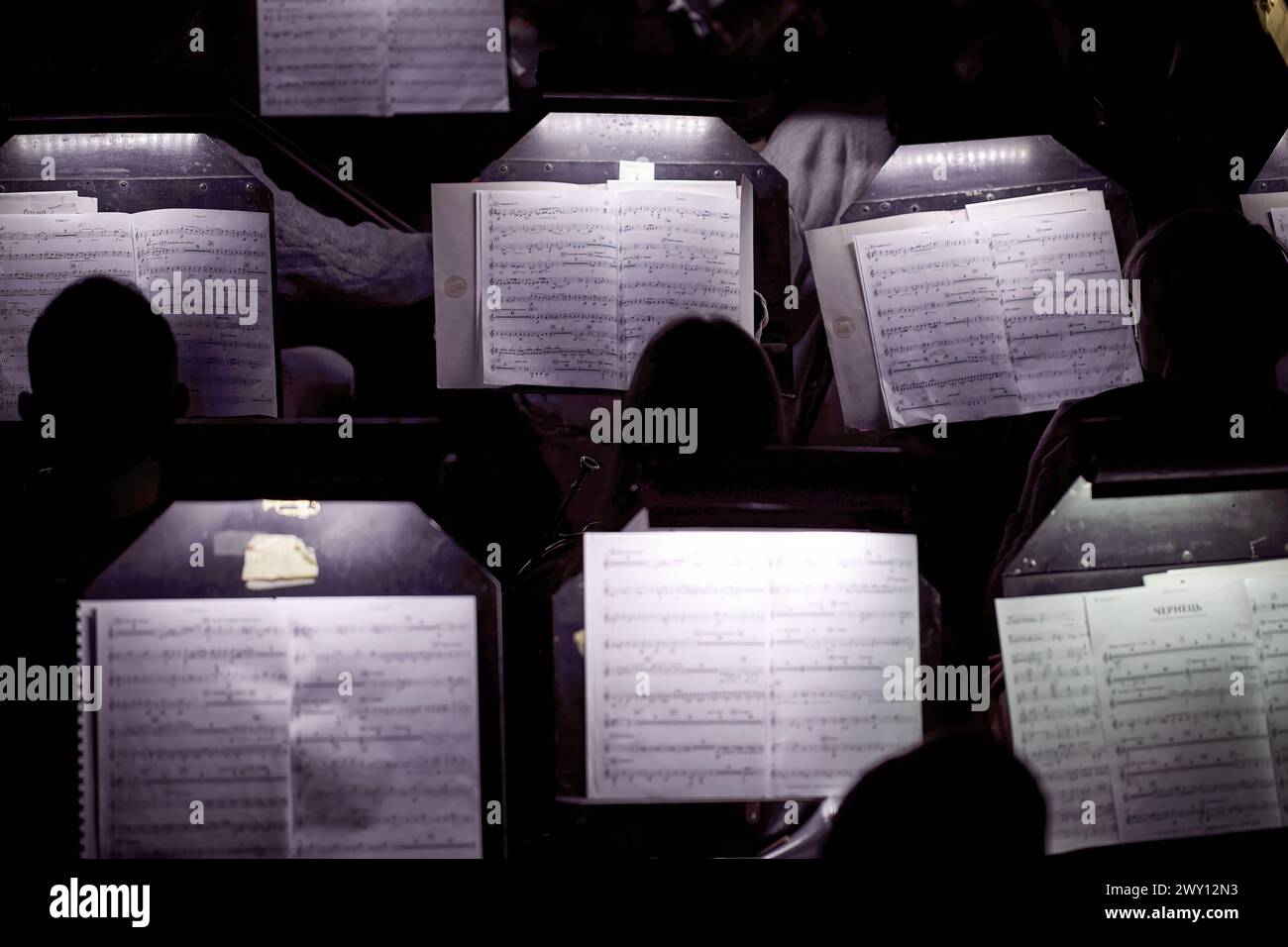 immagine di musicisti nella fossa dell'orchestra di fronte agli spartiti Foto Stock