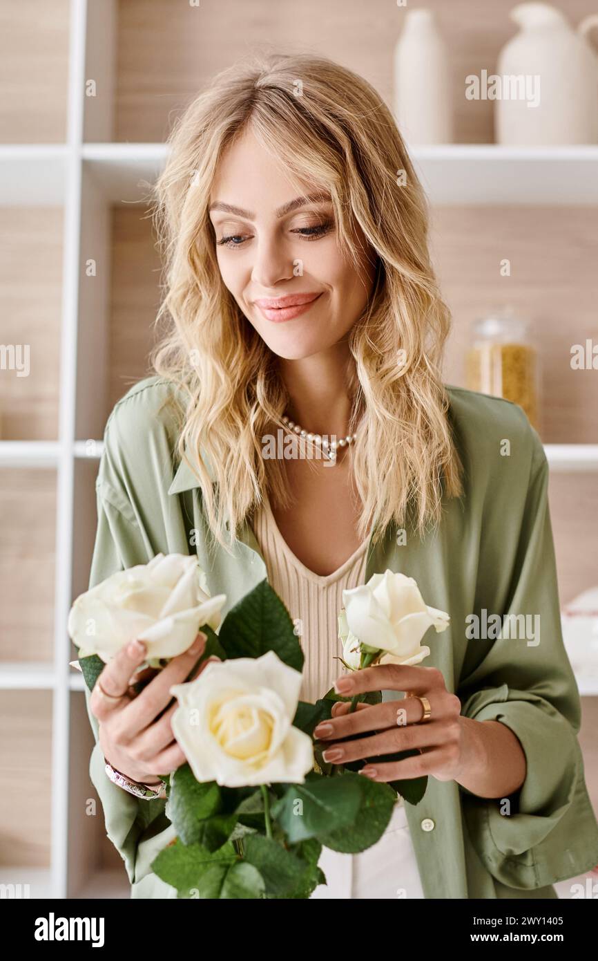 Una donna sta sistemando fiori in un vaso su un tavolo in cucina. Foto Stock