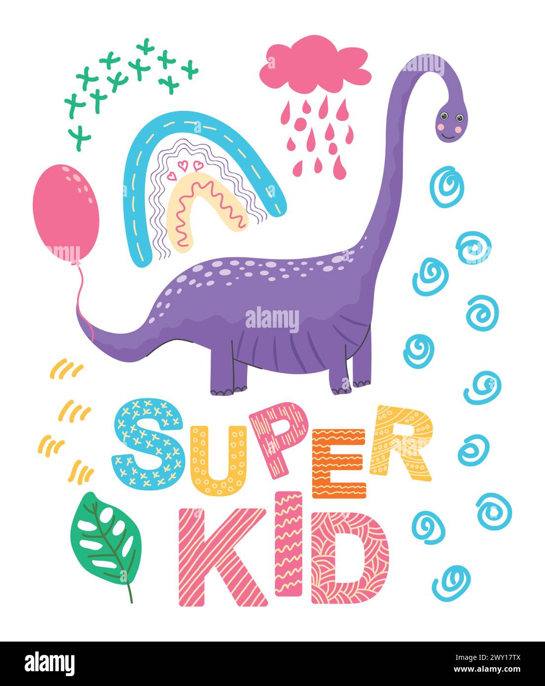Super star, super ragazzo. Illustrazione scandinava disegnata a mano con dinosauro, drago. Poster per bambini, poster, pigiami. Illustrazione Vettoriale