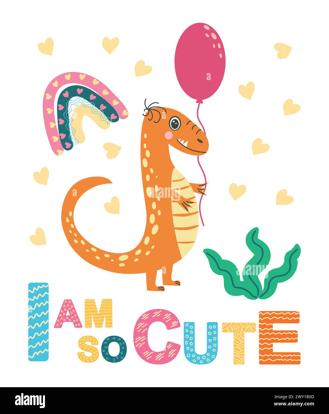 Illustrazione scandinava disegnata a mano con dinosauro, drago. Poster per bambini, poster, pigiami. Illustrazione Vettoriale