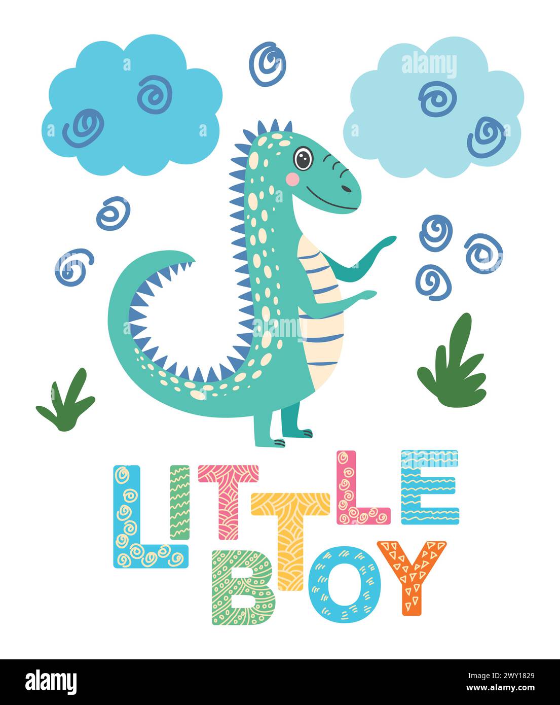 Illustrazione scandinava disegnata a mano con dinosauro, drago. Poster per bambini, poster, pigiami. Illustrazione Vettoriale