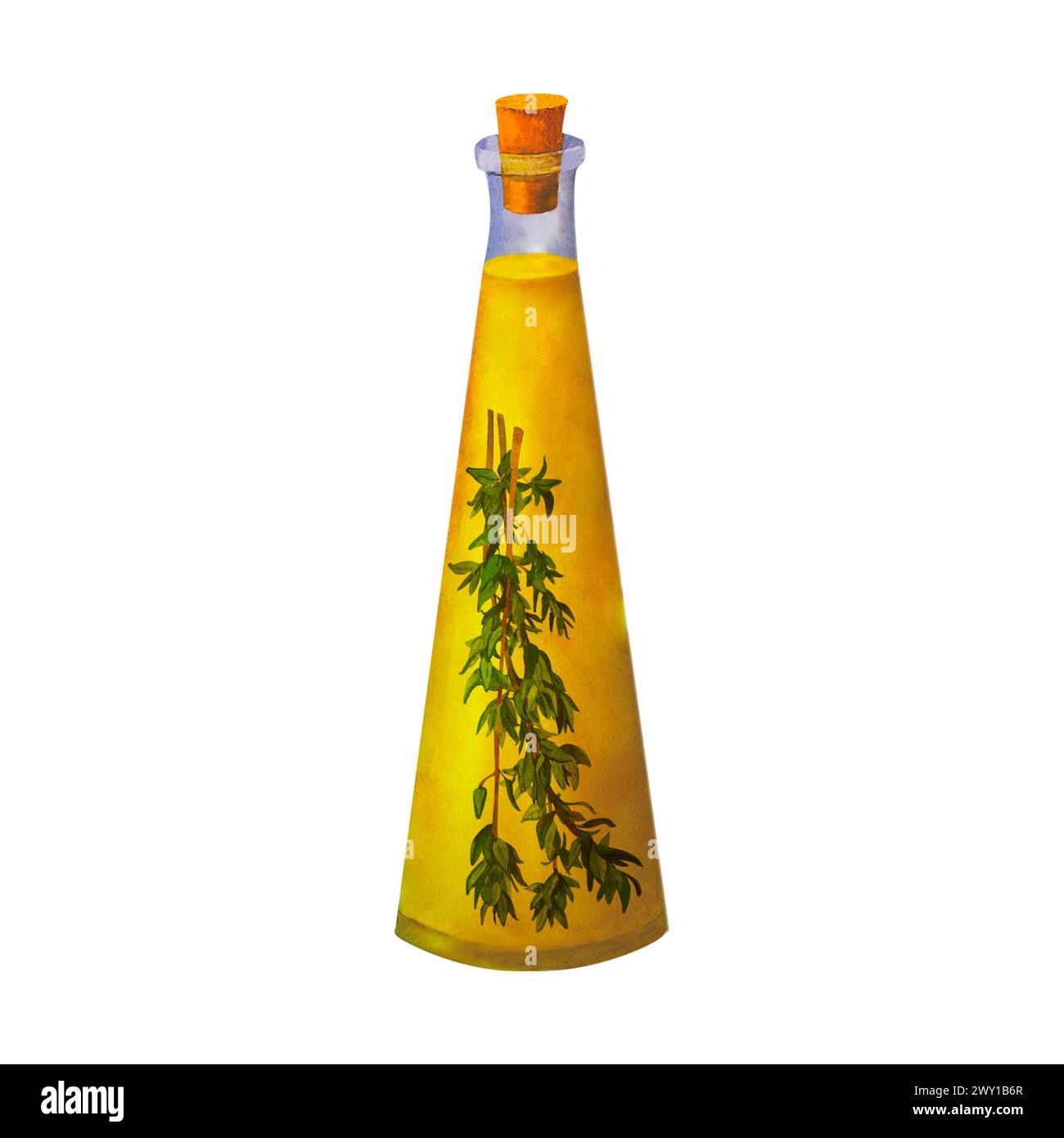 Una bottiglia di olio d'oliva profumato con spezie e timo, acquerello dipinto a mano, isolato su sfondo bianco. Può essere utilizzato per stampe su tessuti e. Foto Stock