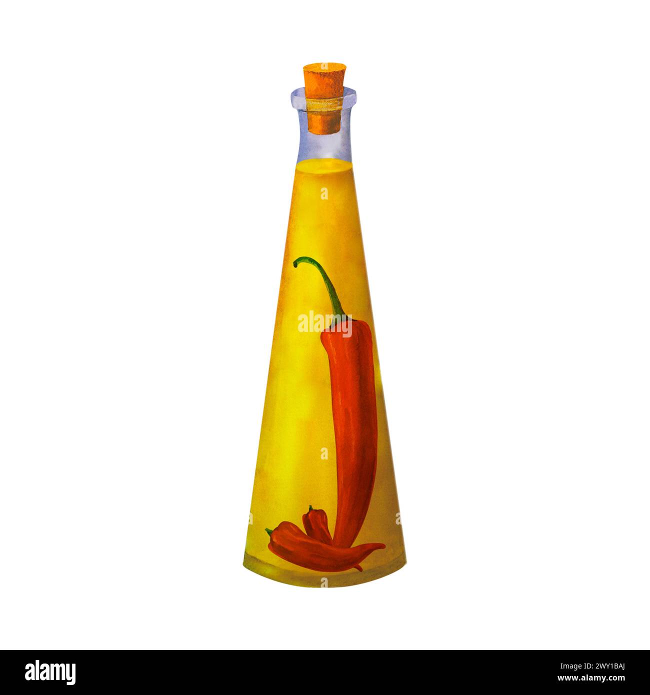 Una bottiglia di olio d'oliva aromatico con spezie e peperoncino, acquerello dipinto a mano, isolato su sfondo bianco. Può essere utilizzato per le stampe su texti Foto Stock