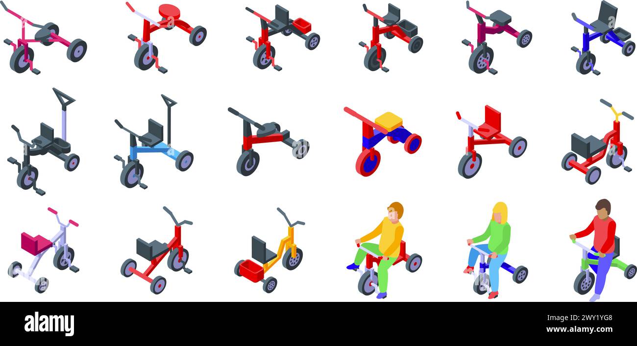 Le icone triciclo bambini impostano il vettore isometrico. Andare in bicicletta. Trasporto di caratteri Illustrazione Vettoriale