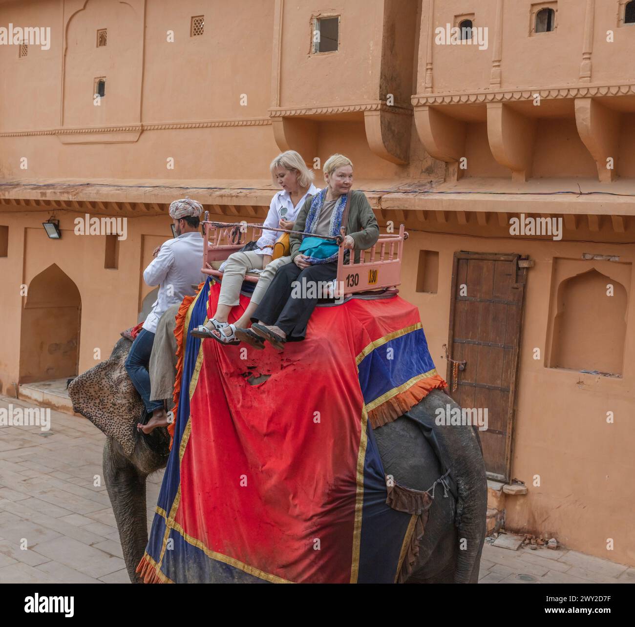 Gli elefanti che trasportano i turisti al Forte Amber, Jaipur, Rajasthan, India Foto Stock