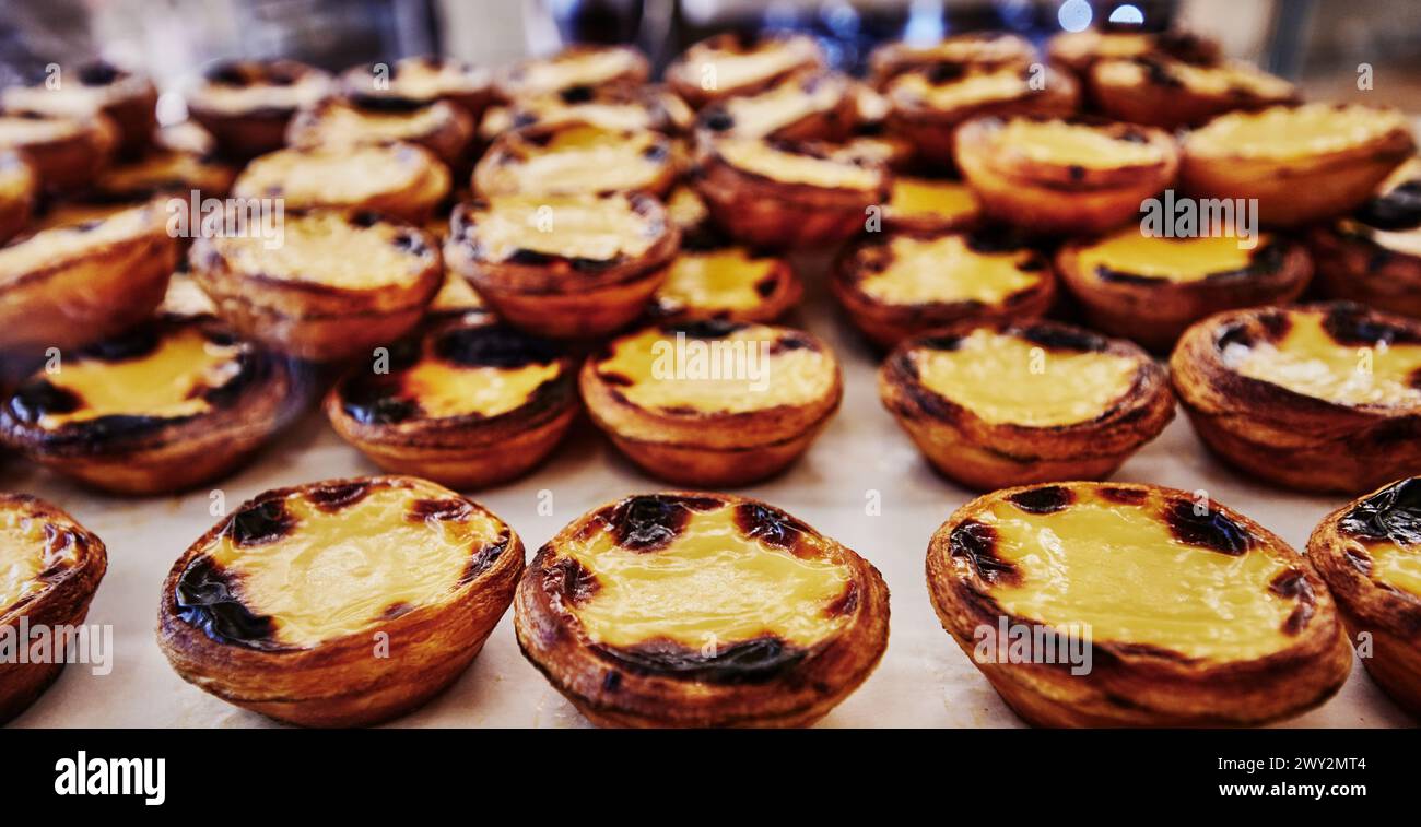 Pastel de nata, Pasteis de nata, una crostata di crema pasticcera portoghese in vendita presso una panetteria, Porto, Portogallo, Europa Foto Stock
