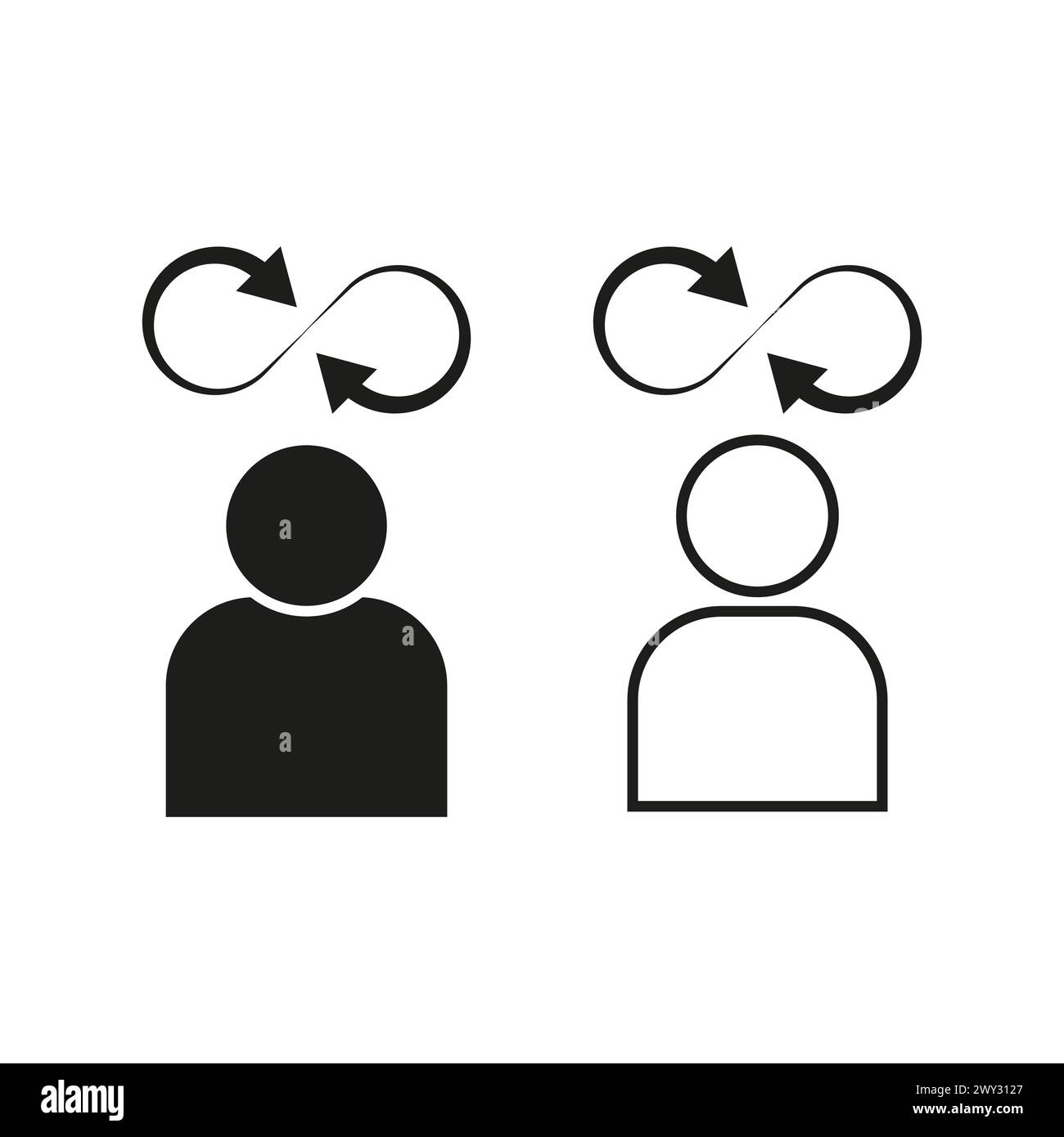 Icone del concetto di feedback dell'utente. Persona con frecce del processo di pensiero, processo decisionale. Illustrazione vettoriale. EPS 10. Illustrazione Vettoriale