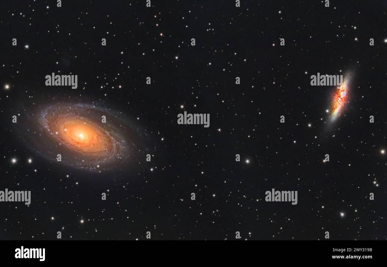 Accattivante scatto delle galassie di Bode e Cigar, prelevato dal mio osservatorio nel cortile. Foto Stock