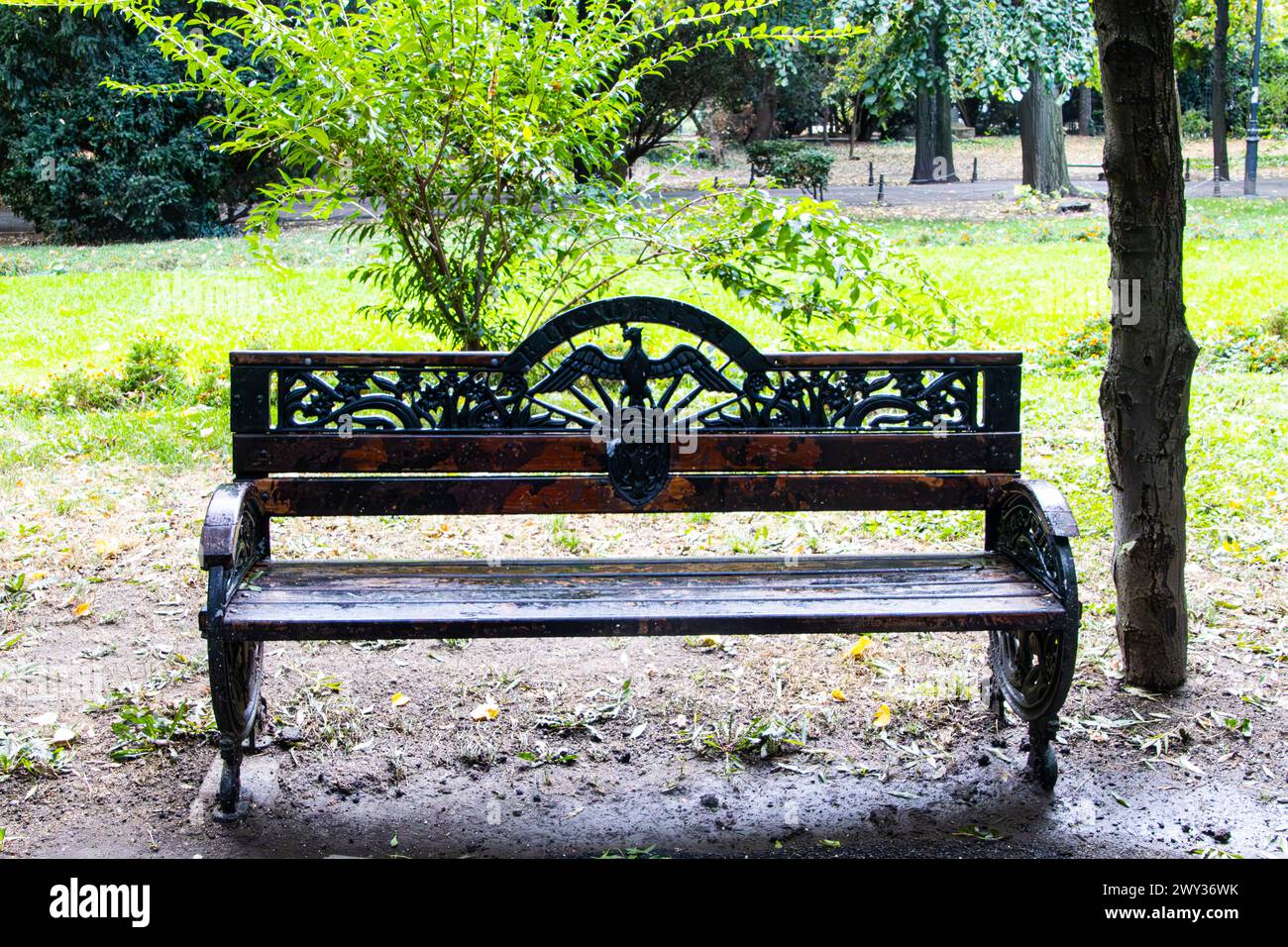 Panchina solitaria al Cismigiu Park, Bucarest, Romania Foto Stock