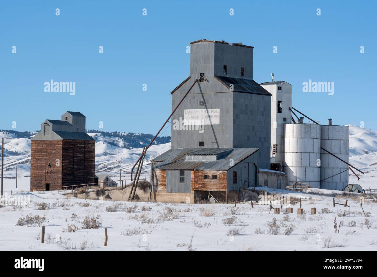 Ascensori per cereali a Corral, Idaho. Foto Stock