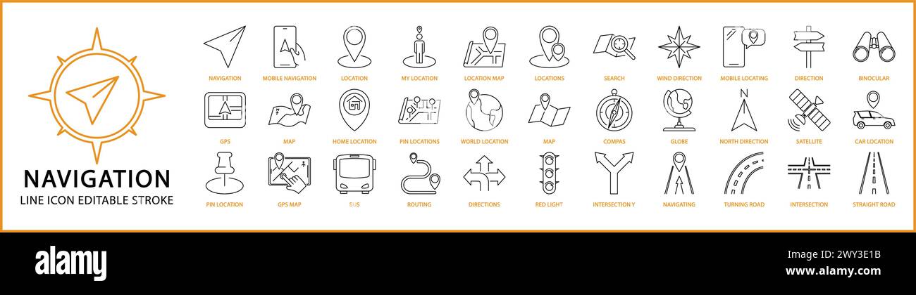 Icone di navigazione. set di icone di navigazione. Icone delle linee navigatioane. Illustrazione vettoriale. Traccia modificabile. Illustrazione Vettoriale