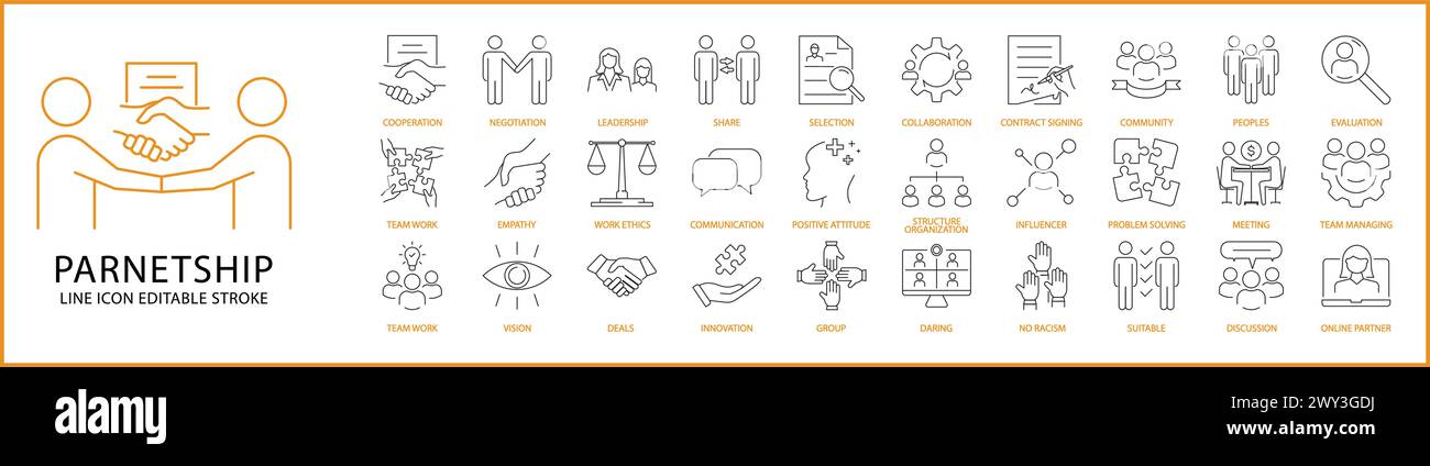Icone di partnership. Insieme di icone di partnership. Icone della linea di associazione. Illustrazione vettoriale. Traccia modificabile. Illustrazione Vettoriale