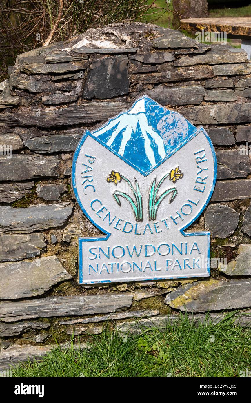 Cartello del Parco Nazionale di Snowdonia, Pont Pen-y-benglog, Bethesda, Bangor, Galles, gran Bretagna Foto Stock