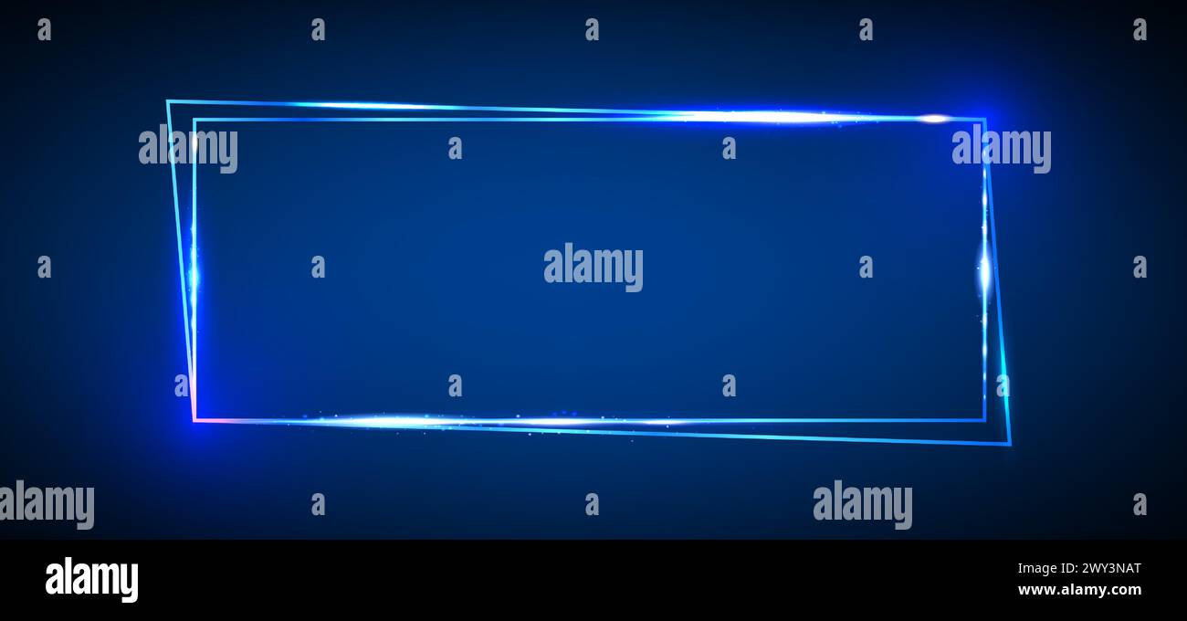 Cornice rettangolare con bagliore al neon blu. Illustrazione vettoriale realistica del doppio bordo e della casella di testo. Striscione rettangolare con linea luminosa a parete con spazio vuoto. Stile futuristico rétro per feste e cartelloni. Illustrazione Vettoriale