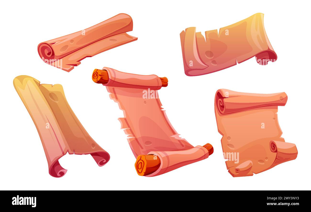 Pergamena di gioco magico per trovare la vecchia mappa con il tesoro. Set icone telaio rullo papiro. Vecchia carta vuota della procedura guidata per la clipart del messaggio o dell'annuncio. Foglio di stregoneria vuoto e pagina del manoscritto fantasy Illustrazione Vettoriale