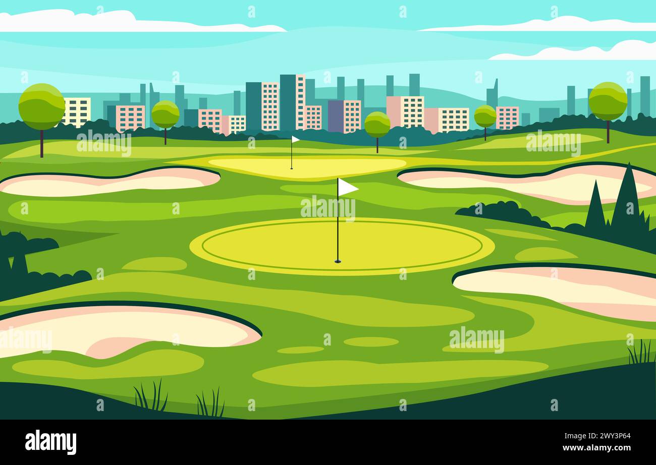 Design piatto del campo da golf Green con paesaggio urbano in Bright Day Illustrazione Vettoriale