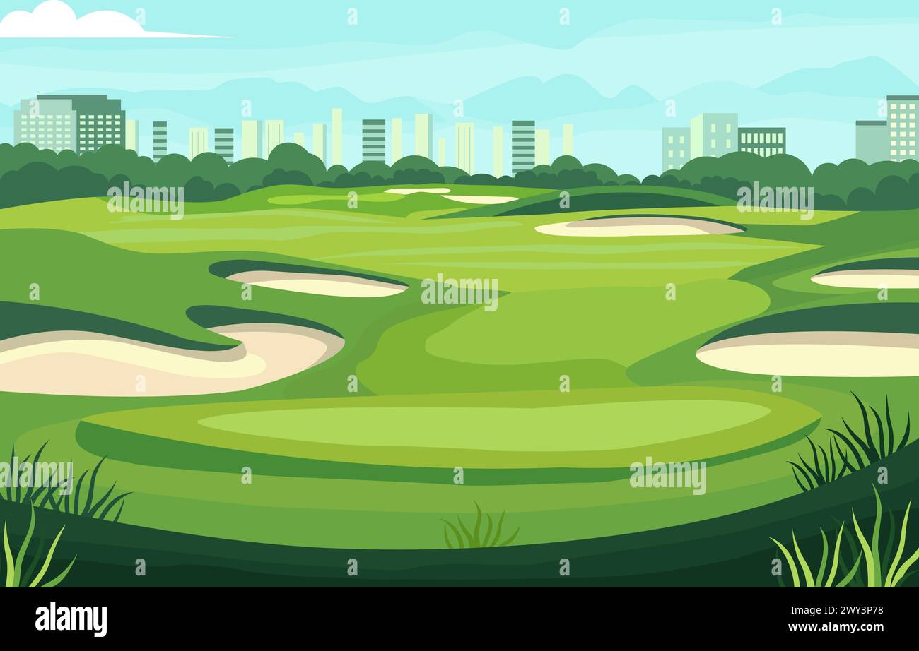 Design piatto del campo da golf Green con paesaggio urbano in Bright Day Illustrazione Vettoriale