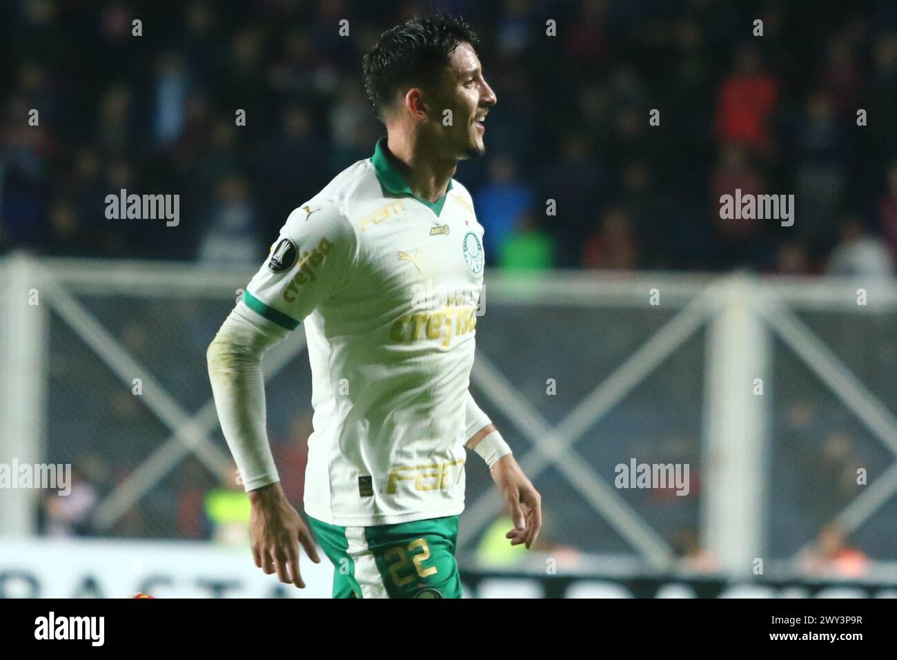 Buenos Aires, 03.04.2024: Joaquín Piquerez del Palmeiras celebra il suo gol durante la partita della CONMEBOL Libertadores Cup per il gruppo F allo stadio Pedro Bidegain ( credito: Néstor J. Beremblum/Alamy Live News Foto Stock