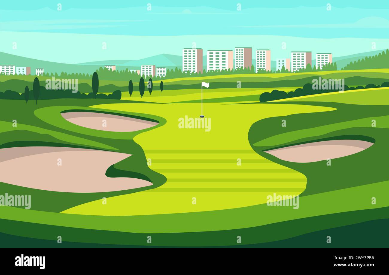 Design piatto del campo da golf Green con paesaggio urbano in Bright Day Illustrazione Vettoriale