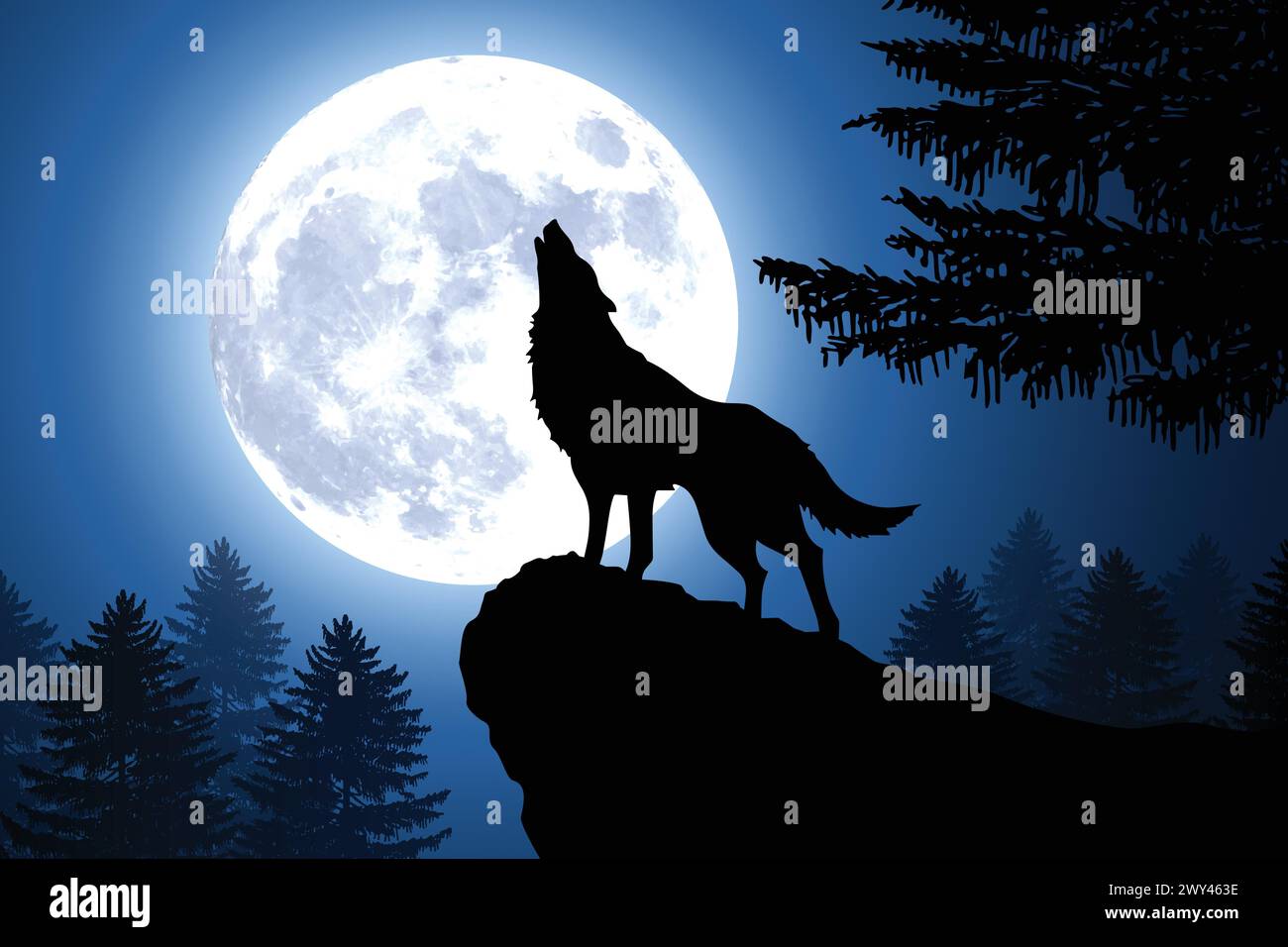 sagoma di lupo ulululante sulla cresta di una collina con una grande luna piena in una foresta con un'illustrazione vettoriale del cielo limpido Illustrazione Vettoriale