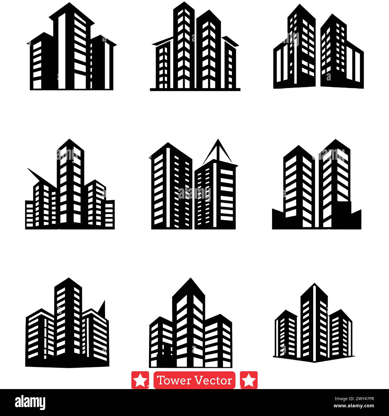 Punti di riferimento torreggianti Vector Set Skyline Icons per la pianificazione urbana e le illustrazioni di viaggio Illustrazione Vettoriale