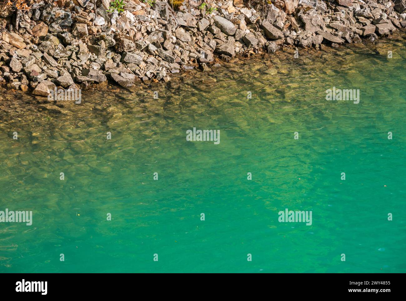 Acqua turchese chiara lungo una riva di massi grigi angolari forma un motivo verde brillante e blu nel North Cascades National Park, Washington. Foto Stock