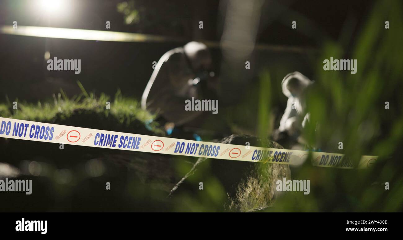 Scena del crimine, fotografia e investigatore con prove all'aperto per analisi e indagini nella foresta o nella natura. Persone, detective o forense Foto Stock
