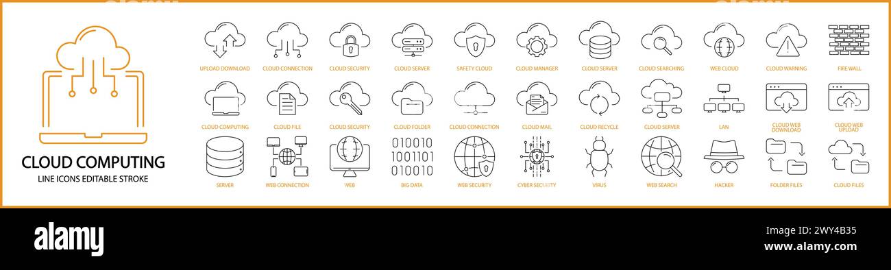 Icone del cloud computing. Set di icone di cloud computing. Icone della linea di cloud computing. Icone di archiviazione cloud. Illustrazione vettoriale. Traccia modificabile. Illustrazione Vettoriale