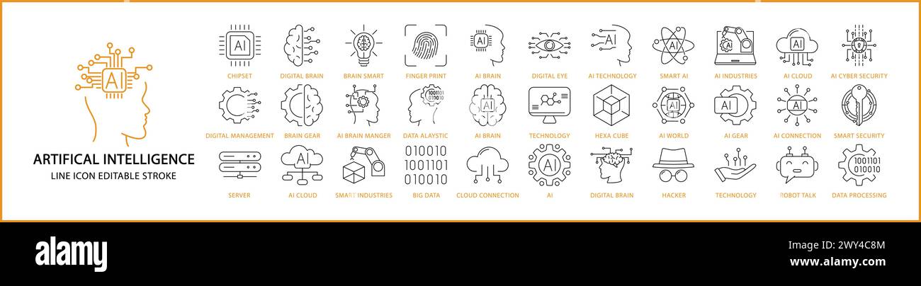 Icone della linea di intelligenza artificiale. Imposta l'icona relativa all'IA. Impostare le icone relative all'intelligenza artificiale. Illustrazione vettoriale. Traccia modificabile. Illustrazione Vettoriale