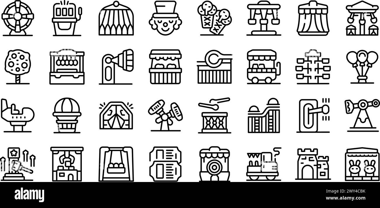 Le icone di funfair impostano il vettore di contorno. Parco divertimenti. Attrazione da circo Illustrazione Vettoriale