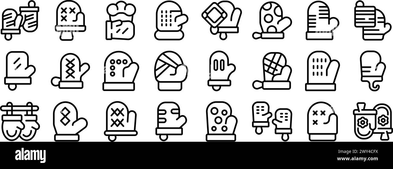 Le icone dei guanti da cucina ignifughi definiscono il vettoriale. Guanto da forno. Ustione delle mani Illustrazione Vettoriale