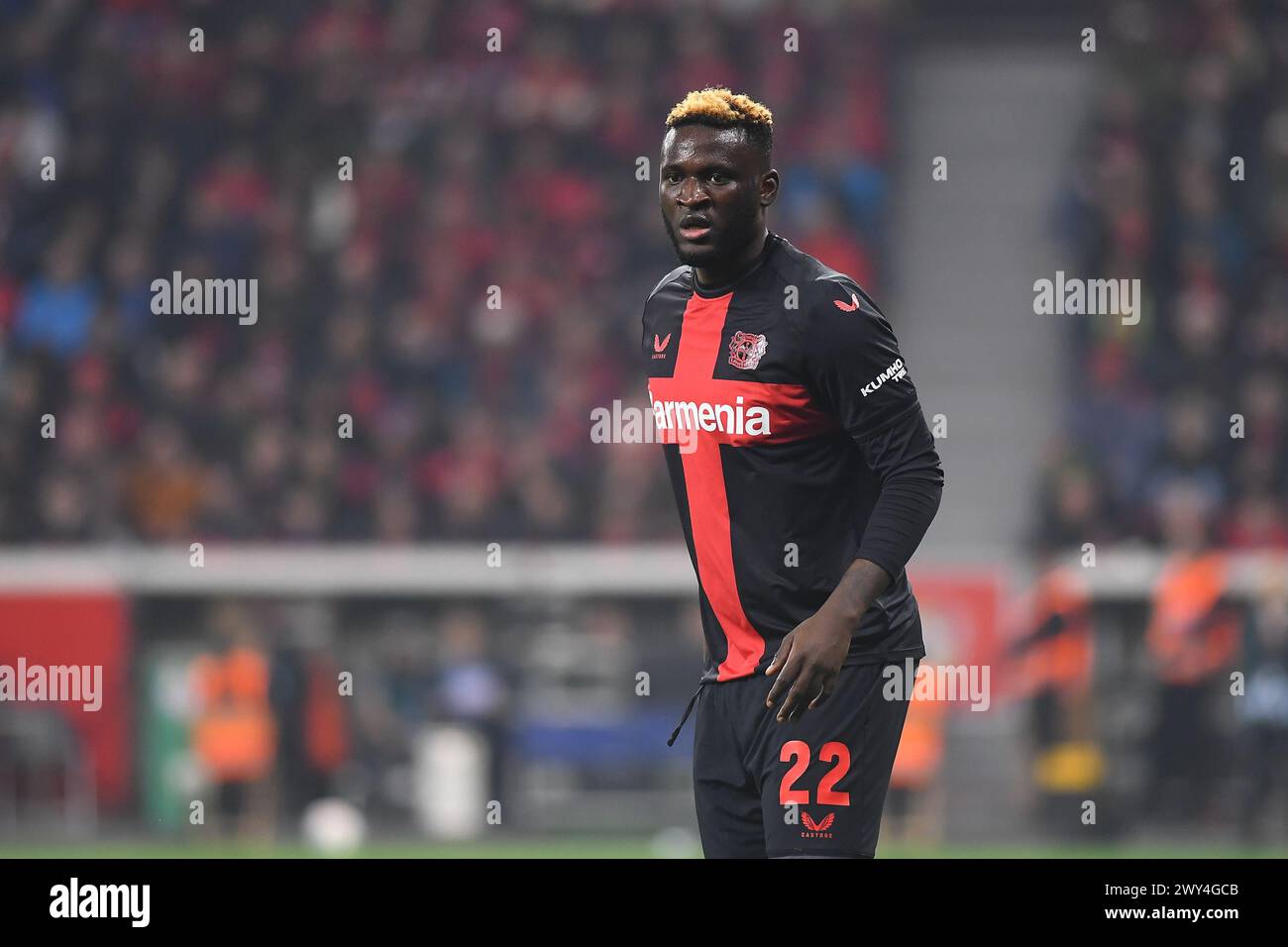LEVERKUSEN, GERMANIA - 3 APRILE 2024: Victor Boniface, Coppa Germania. Match di Pokal DFB FC Bayer 04 Leverkusen contro fortuna Duesseldorf alla BayArena Foto Stock